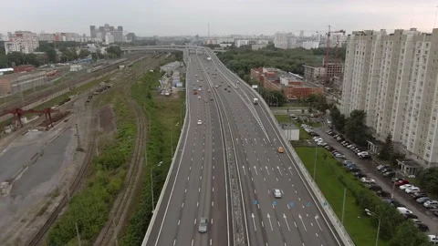 Flight overlooking the air over a multi-level transport interchange in Moscow Video stock 138327839