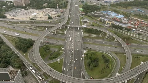 Flight overlooking the air over a multi-level transport interchange in Moscow Stock Footage 138327891