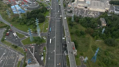 Flight overlooking the air over a multi-level transport interchange in Moscow Video stock 138327948