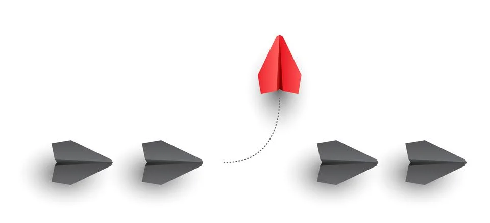 Flight of paper planes, one diverging. Illustrates individuality and unique Stock Illustration