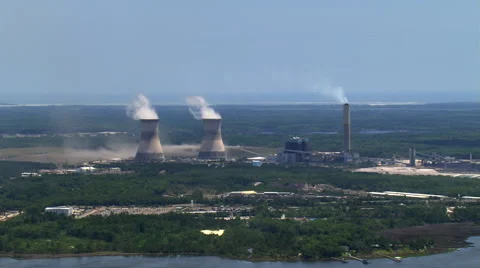 Flight past working nuclear plant Stock Footage 59474416