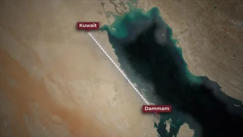 Flight Path Animation from Dammam to Kuwait on Satellite Map Background Stock Footage 340526445