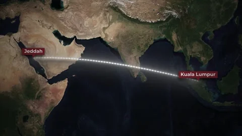 Flight Path Animation from Jeddah to Kuala Lumpur on Satellite Map Stock Footage 340416931
