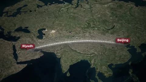 Flight Path Animation from Riyadh to Beijing on Satellite Map Stock Footage 339458619
