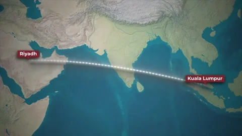 Flight Path Animation from Riyadh to Kuala Lumpur on 3D Topographic Map Stock Footage 340090615
