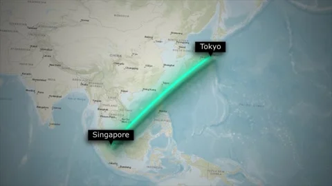 Flight Path Animation from Tokyo Japan to Singapore on World Map Video stock 326677375