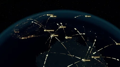 Flight Paths Over Australia and Eastern Asia. City Lights and Names in English. Stock Footage 81007807