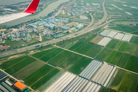 Flight, plane, fields. Stock Photos