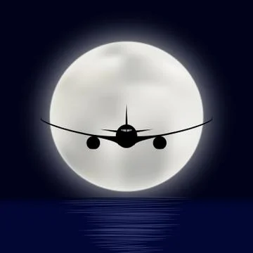 Flight of the plane over the sea on the background of a bright moon Stock Illustration