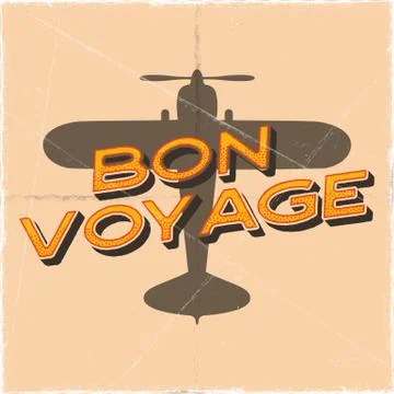 Flight poster in retro style. Bon voyage quote. Vintage hand drawn travel 스톡 일러스트