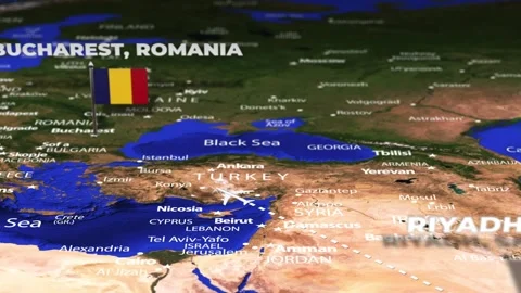 Flight From Riyadh SAUDI ARABIA to Bucharest ROMANIA with flag pins Video stock 347720631