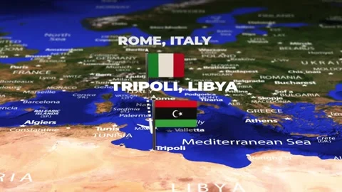Flight From Rome ITALY to Tripoli LIBYA with flag pins Stock-Footage 336667903