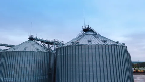 Flight round the metal elevator tanks for grain processing. Stock Footage 298670496