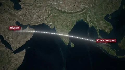 Flight Route Animation Riyadh to Kuala Lumpur on Satellite Map Background Stock Footage 340090625