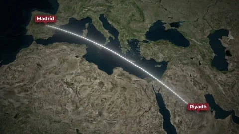 Flight Route Animation from Riyadh to Madrid on 3D Satellite Map Stock Footage 340026060