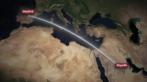 Flight Route Animation Riyadh to Madrid on Satellite Map Stock Footage 340026067