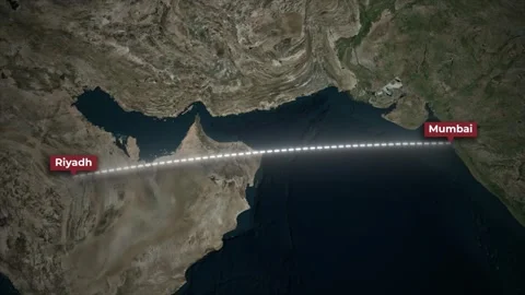 Flight route animation from Riyadh to Mumbai on Satellite Map Background Stock Footage 340154666