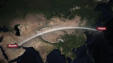 Flight route animation from Riyadh to Tokyo on satellite Earth map Stock Footage 339601028