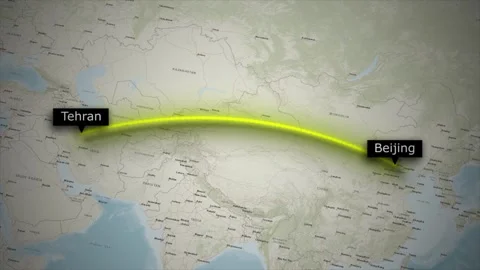 Flight Route Animation from Tehran to Beijing on World Map Video stock 329064230
