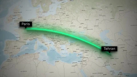 Flight Route Animation From Tehran Iran to Paris France on World Map Stock Footage 328995434