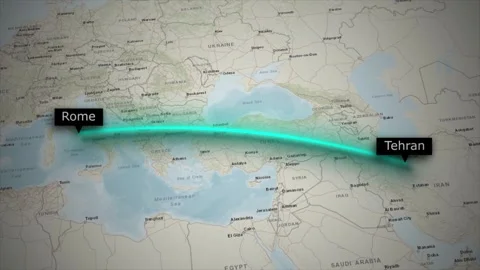 Flight Route Animation from Tehran to Rome on World Map Stock Footage 328995739