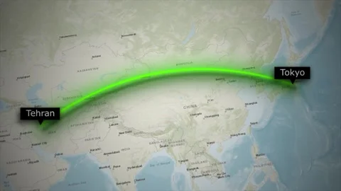 Flight Route Animation from Tehran to Tokyo on World Map Background Stock Footage 329066028
