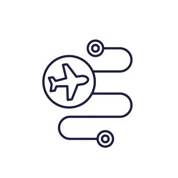 Flight route icon with airplane, line vector Stock Illustration