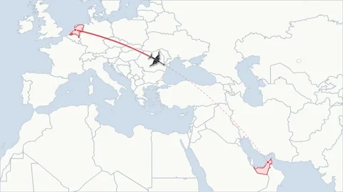 Flight route map animation Amsterdam to Dubai, flat world map Stock Footage 348531532