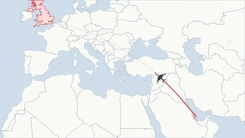 Flight route map animation Doha to London, flat world map Stock Footage 348531544