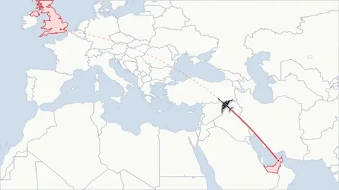 Flight route map animation Dubai to London, flat world map Stock Footage 348531552