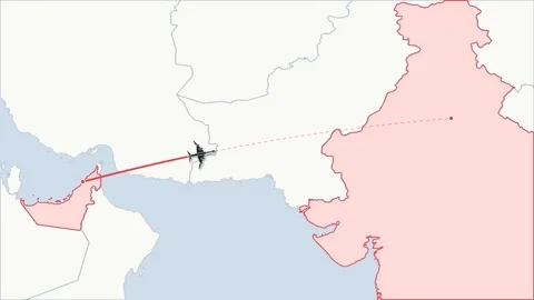 Flight route map animation Dubai to New Delhi, flat world map Stock Footage 348531576