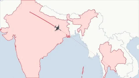 Flight route map animation New Delhi to Bangkok, flat world map Stock Footage 348531629