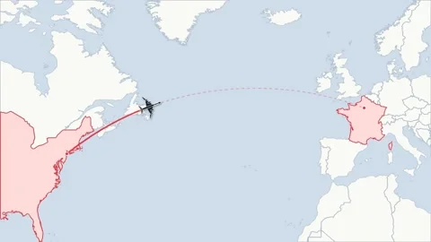 Flight route map animation New York to Paris, flat world map Stock Footage 348531654
