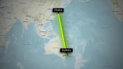 Flight Route Map Animation from Osaka Japan to Sydney Australia on World map Stock Footage 326677860