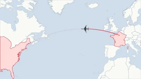 Flight route map animation Paris to New York, flat world map Stock Footage 348531695