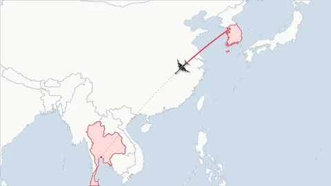 Flight route map animation Seoul to Bangkok, flat world map Stock Footage 348531675