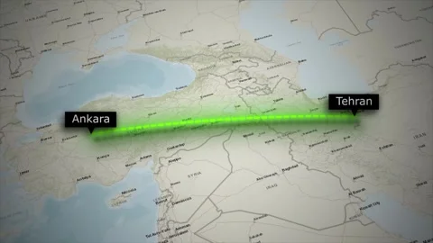 Flight Route Map Animation from Tehran Iran to Ankara Turkey on World Map Stock Footage 329183086