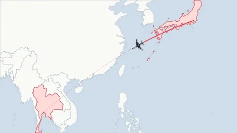 Flight route map animation Tokyo to Bangkok, flat world map Stock Footage 348531733