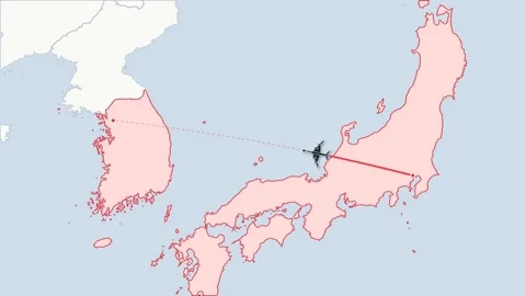 Flight route map animation Tokyo to Seoul, flat world map Stock Footage 348531743