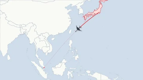 Flight route map animation Tokyo to Singapore, flat world map Stock Footage 348531748