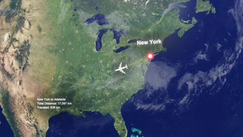Flight Route From New York to Adelaide with Dotted Path and Distance Data HUD Stock Footage 329133913