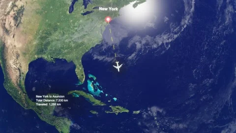 Flight Route From New York to Asuncion with Dotted Path and Distance Data HUD Stock Footage 328454096