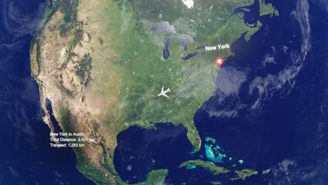Flight Route From New York to Austin with Dotted Path and Distance Data HUD Stock Footage 328454285