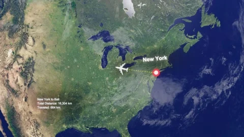 Flight Route From New York to Bali with Dotted Path and Distance Data HUD Stock Footage 328454344