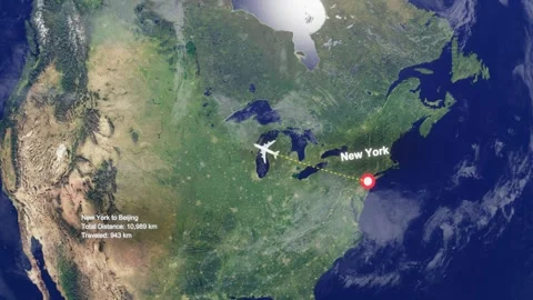 Flight Route From New York to Beijing with Dotted Path and Distance Data HUD Video stock 328454547
