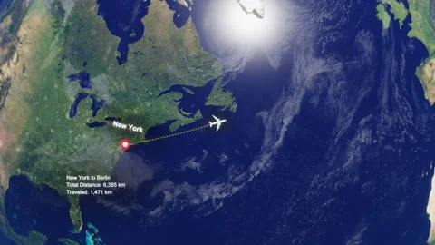 Flight Route From New York to Berlin with Dotted Path and Distance Data HUD Stock Footage 328454927
