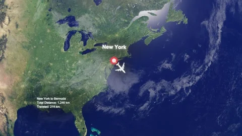 Flight Route From New York to Bermuda with Dotted Path and Distance Data HUD Stock Footage 328454785