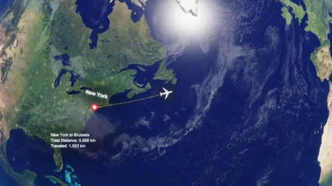Flight Route From New York to Brussels with Dotted Path and Distance Data HUD Stock Footage 328455047