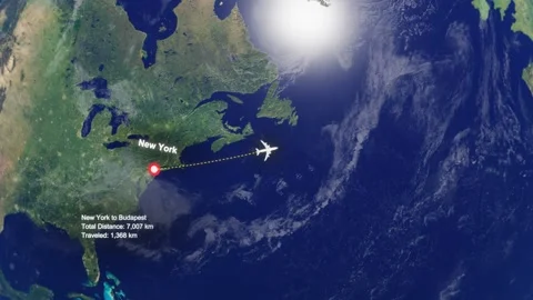 Flight Route From New York to Budapest with Dotted Path and Distance Data HUD Stock Footage 328455166