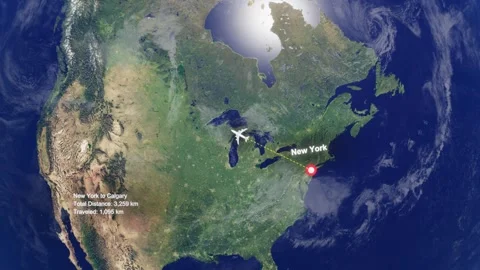 Flight Route From New York to Calgary with Dotted Path and Distance Data HUD Stock Footage 328455343